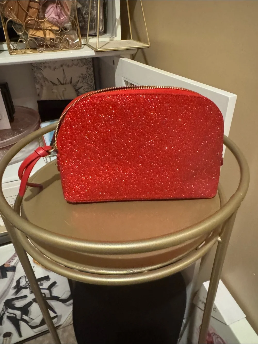 Jimmy Choo Red Glitter Dome Cosmetic Pouch with Gold Emblem